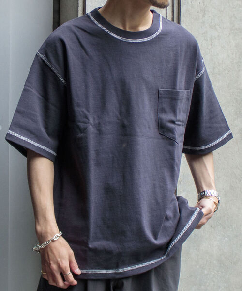GLOSTER(グロスター)の「【GLOSTER/グロスター】コントラストステッチ ビッグTシャツ(Tシャツ/カットソー・メンズ・ホワイト/チャコールグレー/イエロー/アイボリー・MEDIUM/LARGE/X-LARGE)」の1枚目の写真