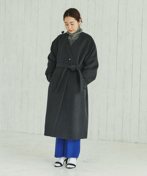 coen（コーエン）の「ウールブレンドノーカラーロングコート・ダークグレー（ノーカラーコート・レディース・ダークグレー・M/L）」の2枚目の写真