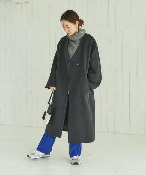 coen（コーエン）の「ウールブレンドノーカラーロングコート・ダークグレー（ノーカラーコート・レディース・ダークグレー・M/L）」の4枚目の写真