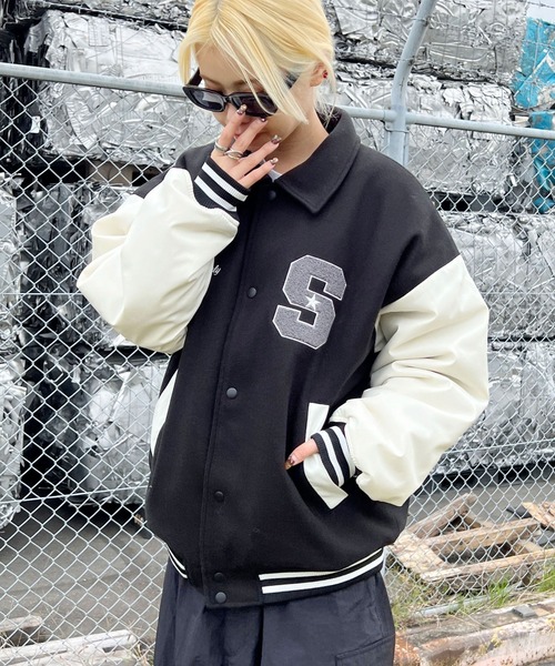 カールヘルム❤BASEBALL サガラワッペン 袖レザー切替 黒×白❤スタジャン カールヘルム❤BASEBALL サガラワッペン 袖レザー切替 黒×白❤スタジャン