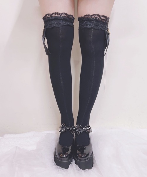 未使用！ MARS マーズ ハートチャーム付き リボンレースニーハイソックス MA*RS】ハートロックチャームりぼん付きニーハイ - ブラック