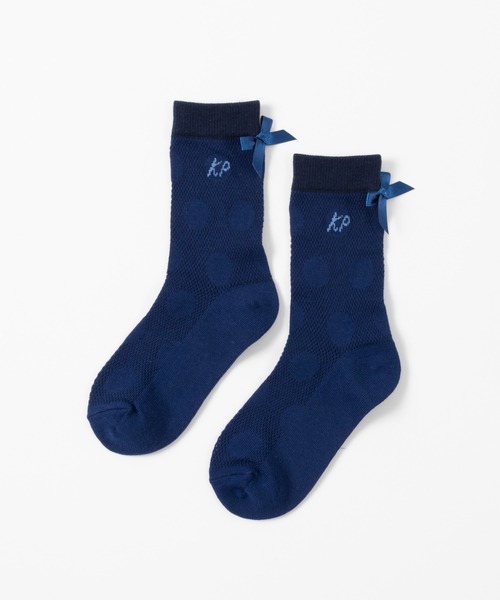 KP DECO（ケーピーデコ）の「日本製/サテンリボン付きドット柄クルーソックス（ソックス/靴下・キッズ・アイボリー/ブルー系その他・20cm/18cm/22cm/16cm/14cm）」の2枚目の写真