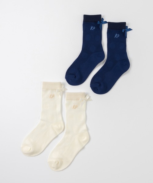 KP DECO（ケーピーデコ）の「日本製/サテンリボン付きドット柄クルーソックス（ソックス/靴下・キッズ・アイボリー/ブルー系その他・20cm/18cm/22cm/16cm/14cm）」の3枚目の写真