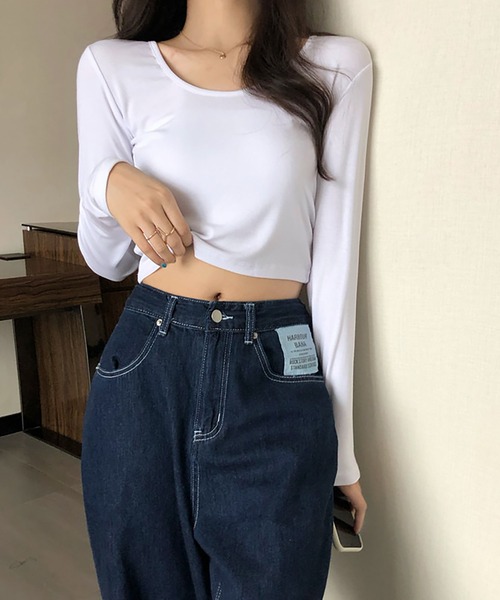 NinaetLina（ニナエリナ）の「クロップド丈長袖カットソー（Tシャツ/カットソー・レディース・エメラルド/ブラック/ブルー/グレー/ホワイト・M/L/XL）」の8枚目の写真