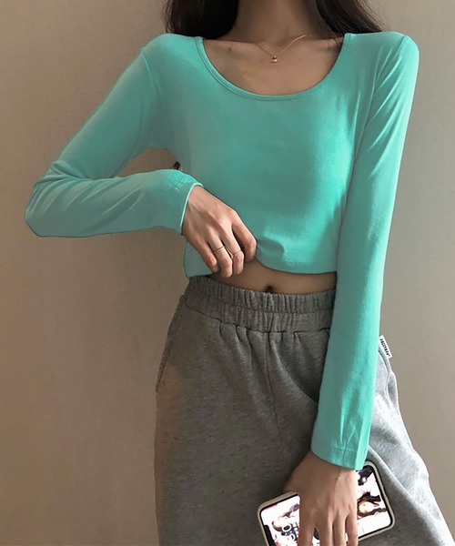 NinaetLina（ニナエリナ）の「クロップド丈長袖カットソー（Tシャツ/カットソー・レディース・エメラルド/ブラック/ブルー/グレー/ホワイト・M/L/XL）」の9枚目の写真