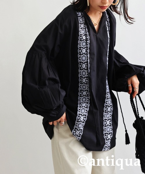 【45R】45rpm 綿100% インディゴ スクエアネック 刺繍ブラウス 45rpm 45R 藍染フラワー刺繍ロングノースリーブ インディゴ他0