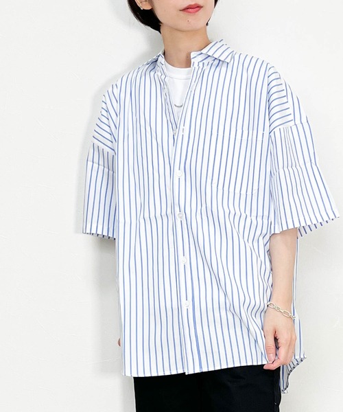 Ritzy（リッツィー）の「綿ブロード レギュラーカラー半袖シャツ レディース メンズ（シャツ/ブラウス・メンズ・ラベンダー/グレイッシュベージュ/サックスブルー系/サックスブルー/ブラック/グリーン/ブラック系その他/ホワイト/ホワイト系その他/グリーン系その他/イエロー・X-LARGE/LARGE/MEDIUM）」の2枚目の写真