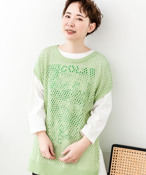 ScoLar（スカラー）の「131657：ニットメッシュ編みベスト×スカラーランドリー柄Tシャツセットアップ（その他トップス・レディース・ブラック/ピンク/グリーン・M）」の6枚目の写真