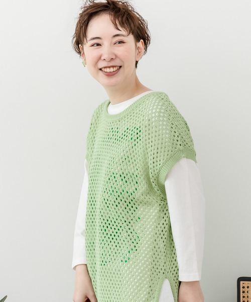 ScoLar（スカラー）の「131657：ニットメッシュ編みベスト×スカラーランドリー柄Tシャツセットアップ（その他トップス・レディース・ブラック/ピンク/グリーン・M）」の7枚目の写真