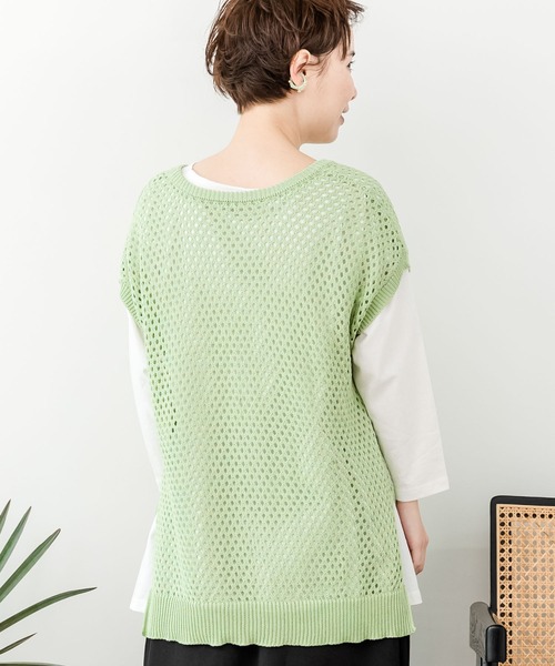 ScoLar（スカラー）の「131657：ニットメッシュ編みベスト×スカラーランドリー柄Tシャツセットアップ（その他トップス・レディース・ブラック/ピンク/グリーン・M）」の8枚目の写真