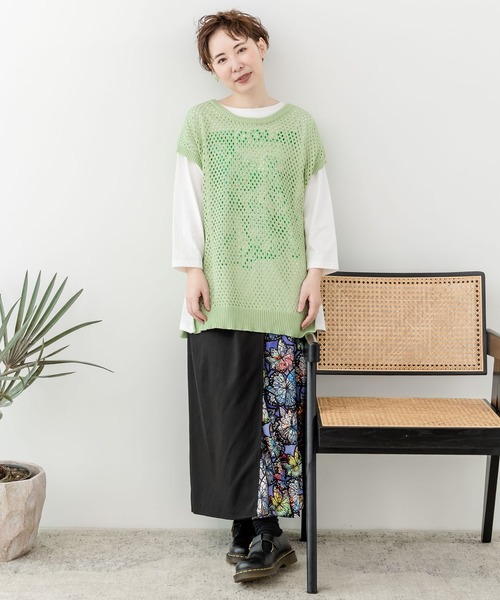 ScoLar（スカラー）の「131657：ニットメッシュ編みベスト×スカラーランドリー柄Tシャツセットアップ（その他トップス・レディース・ブラック/ピンク/グリーン・M）」の9枚目の写真
