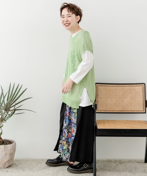 ScoLar（スカラー）の「131657：ニットメッシュ編みベスト×スカラーランドリー柄Tシャツセットアップ（その他トップス・レディース・ブラック/ピンク/グリーン・M）」の10枚目の写真