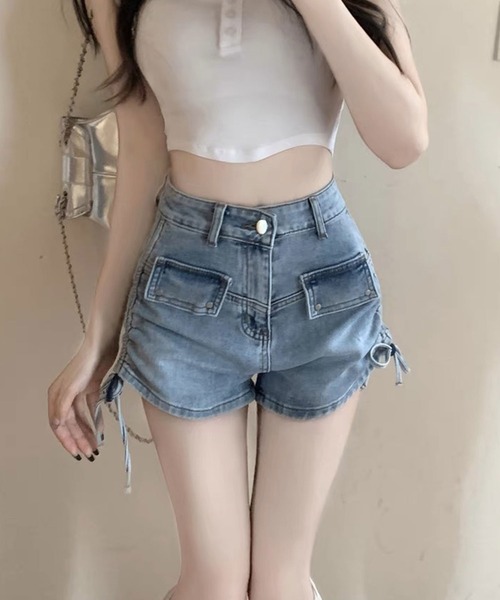 SPIGA（スピーガ）の「ｻｲﾄﾞｼｬｰﾘﾝｸﾞﾃﾞﾆﾑｼｮｰﾄﾊﾟﾝﾂ（デニムパンツ・レディース・ブルー/ブラック・SMALL/MEDIUM）」の14枚目の写真