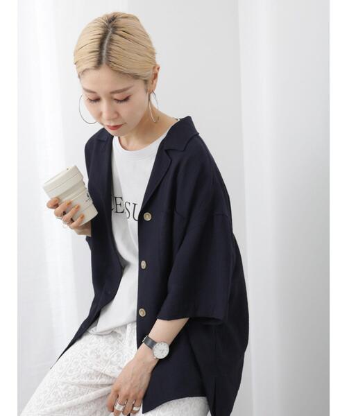 Samansa Mos2 blue（サマンサモスモスブルー）の「開襟シャツ（シャツ/ブラウス・レディース・ベージュ/ネイビー/カーキ・F）」の3枚目の写真