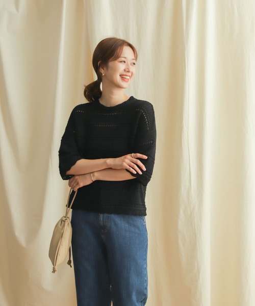 URBAN RESEARCH DOORS（アーバンリサーチドアーズ）の「コットンアイレットニットプルオーバー（ニット/セーター・レディース・ブラック/ナチュラル・MEDIUM）」の4枚目の写真