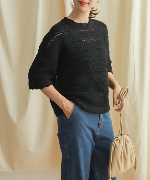 URBAN RESEARCH DOORS（アーバンリサーチドアーズ）の「コットンアイレットニットプルオーバー（ニット/セーター・レディース・ブラック/ナチュラル・MEDIUM）」の9枚目の写真