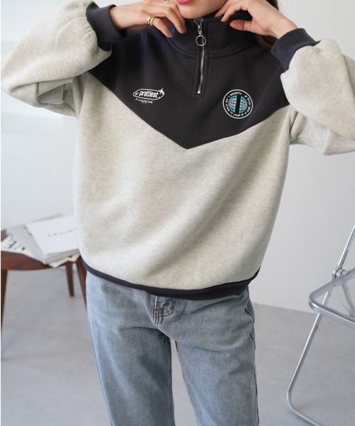 Ada.(エイダ)の「裏起毛 バイカラー ハーフジップ ワンポイントロゴ スウェット(スウェット・レディース・チャコールグレー/ブルー/アイボリー・FREE)」の6枚目の写真