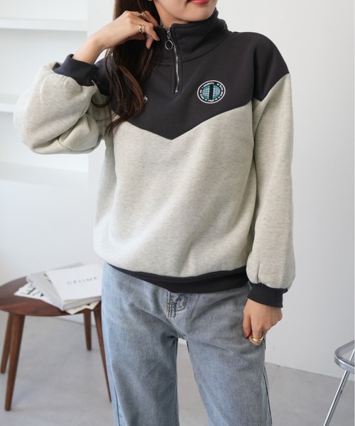 Ada.(エイダ)の「裏起毛 バイカラー ハーフジップ ワンポイントロゴ スウェット(スウェット・レディース・チャコールグレー/ブルー/アイボリー・FREE)」の8枚目の写真