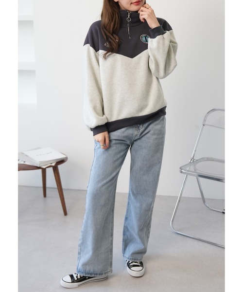 Ada.(エイダ)の「裏起毛 バイカラー ハーフジップ ワンポイントロゴ スウェット(スウェット・レディース・チャコールグレー/ブルー/アイボリー・FREE)」の9枚目の写真