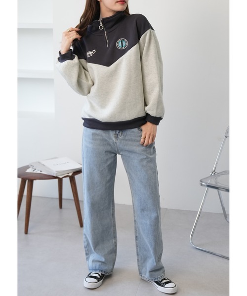 Ada.(エイダ)の「裏起毛 バイカラー ハーフジップ ワンポイントロゴ スウェット(スウェット・レディース・チャコールグレー/ブルー/アイボリー・FREE)」の10枚目の写真
