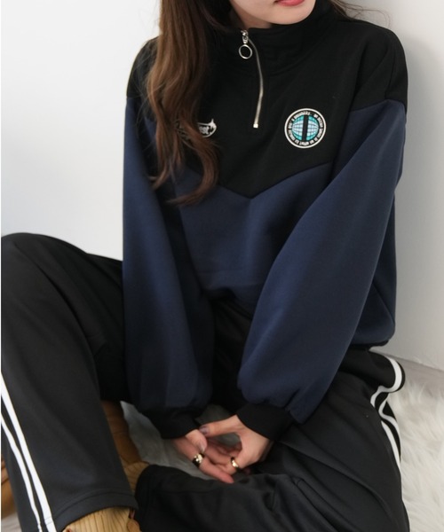 Ada.(エイダ)の「裏起毛 バイカラー ハーフジップ ワンポイントロゴ スウェット(スウェット・レディース・チャコールグレー/ブルー/アイボリー・FREE)」の15枚目の写真