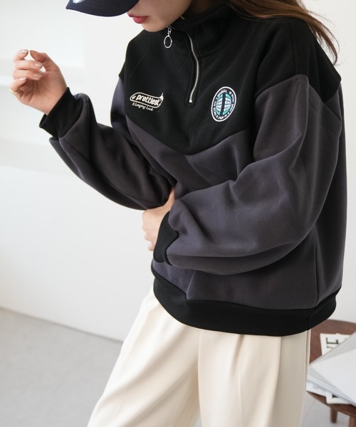 Ada.(エイダ)の「裏起毛 バイカラー ハーフジップ ワンポイントロゴ スウェット(スウェット・レディース・チャコールグレー/ブルー/アイボリー・FREE)」の19枚目の写真