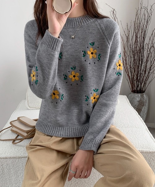 セール】花柄刺繍ニットプルオーバー（ニット/セーター