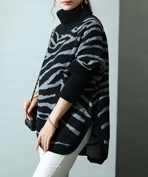 セール】ゼブラ柄タートルドルマンニット（ニット/セーター
