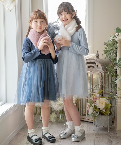 オシャレ ３色 ワンピース チュールスカート 長袖 チュールスカート キッズ チュール ワンピース 切り替え 長袖