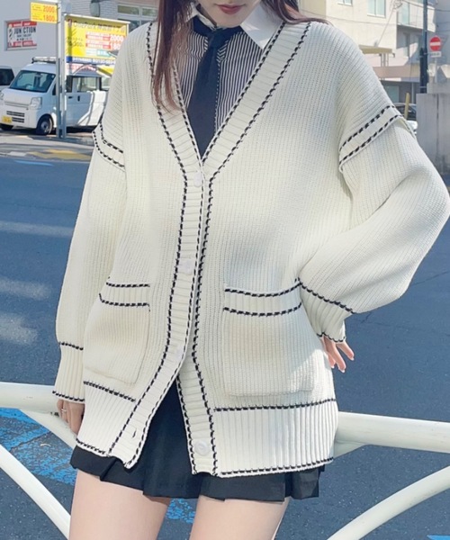 one way（ワンウェイ）の「配色ステッチカーディガン（カーディガン