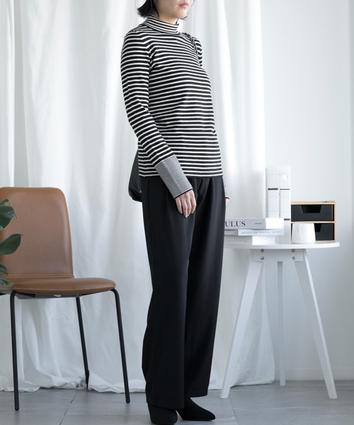 BANICO（バニコ）の「【BANICO】ハイネック　長袖ボーダートップス（Tシャツ/カットソー・レディース・ホワイト/ブラック/ベージュ・FREE）」の5枚目の写真