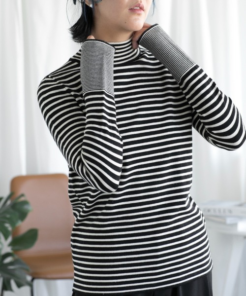 BANICO（バニコ）の「【BANICO】ハイネック　長袖ボーダートップス（Tシャツ/カットソー・レディース・ホワイト/ブラック/ベージュ・FREE）」の7枚目の写真