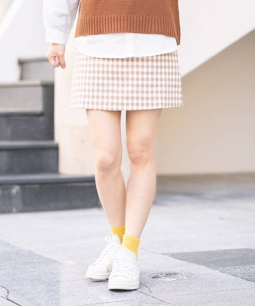 bounDary（バウンダリー）の「【bounDary/バウンダリー】　ギンガムチェックミニスカート（スカート・レディース・ベージュ/ダークブラウン・LARGE/MEDIUM）」の2枚目の写真