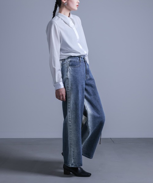 kOhAKU（コハク）の「『ブリーチラインデニムパンツ』（デニムパンツ・レディース・ブルー/ブラック・1/2）」の15枚目の写真