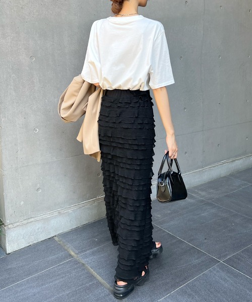 Futier land（フューティアランド）の「今っぽい小フリル＆のび～る快適さ。チビフリルタイトスカート（スカート・レディース・ホワイト/ブラック/グレー・FREE）」の10枚目の写真