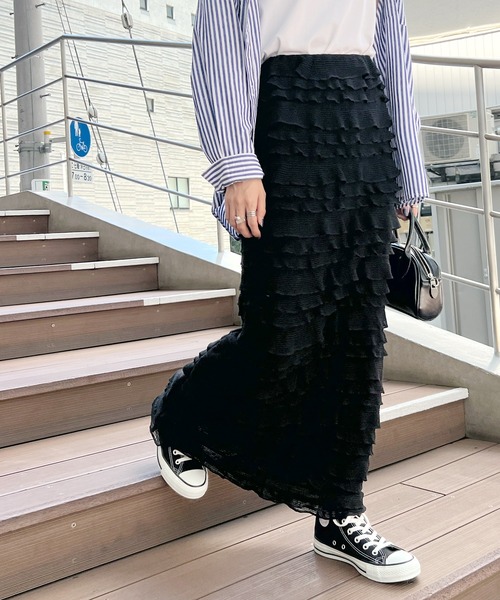 Futier land（フューティアランド）の「今っぽい小フリル＆のび～る快適さ。チビフリルタイトスカート（スカート・レディース・ホワイト/ブラック/グレー・FREE）」の22枚目の写真