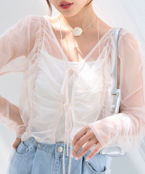 OLIVE des OLIVE（オリーブデオリーブ）の「シャーリングチュールカーデ　1041060850（カーディガン/ボレロ・レディース・ピンク/オフホワイト/チャコールグレー・FREE）」の3枚目の写真