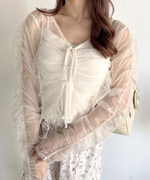 OLIVE des OLIVE（オリーブデオリーブ）の「シャーリングチュールカーデ　1041060850（カーディガン/ボレロ・レディース・ピンク/オフホワイト/チャコールグレー・FREE）」の10枚目の写真