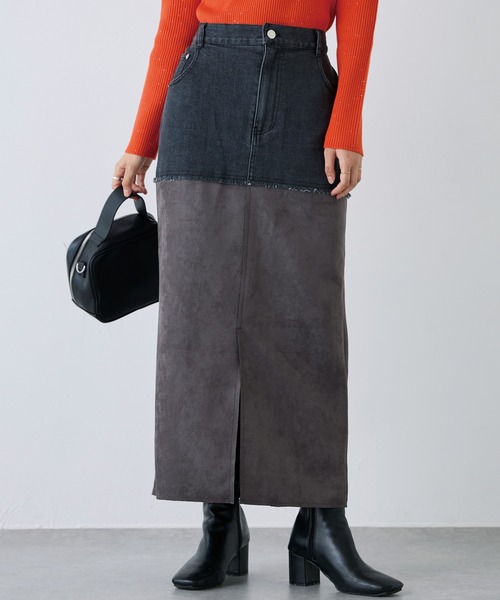 LAVEANGE（ラビアンジェ）の「スエード切替デニムスカート（デニムスカート・レディース・ネイビー/ブラック・M/L/LL/3L/4L）」の2枚目の写真