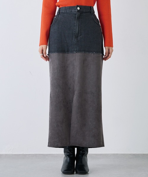 LAVEANGE（ラビアンジェ）の「スエード切替デニムスカート（デニムスカート・レディース・ネイビー/ブラック・M/L/LL/3L/4L）」の12枚目の写真