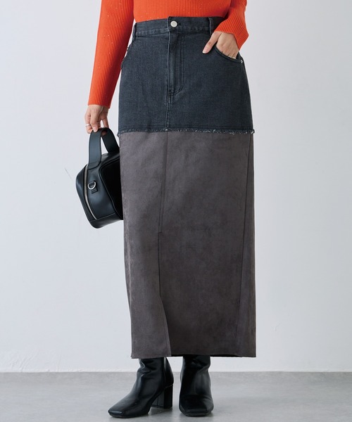 LAVEANGE（ラビアンジェ）の「スエード切替デニムスカート（デニムスカート・レディース・ネイビー/ブラック・M/L/LL/3L/4L）」の18枚目の写真
