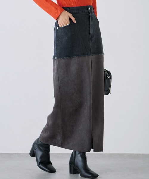 LAVEANGE（ラビアンジェ）の「スエード切替デニムスカート（デニムスカート・レディース・ネイビー/ブラック・M/L/LL/3L/4L）」の19枚目の写真