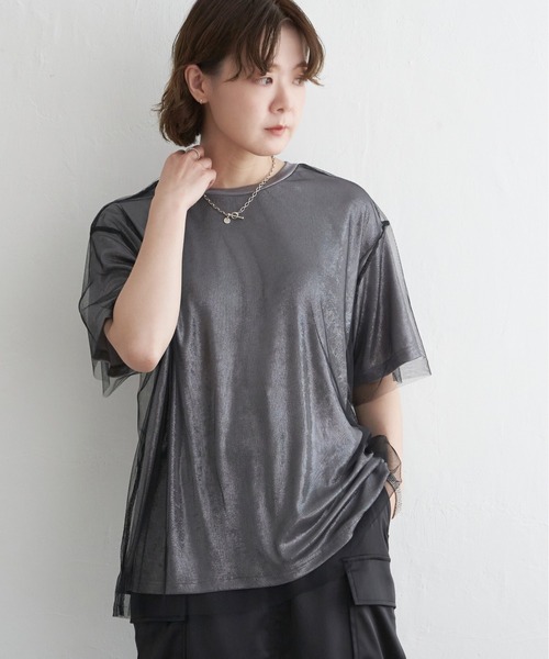notch.(ノッチ)の「チュールドッキングメタリックTシャツ(Tシャツ/カットソー・レディース・オフホワイト/グレー・M)」の2枚目の写真
