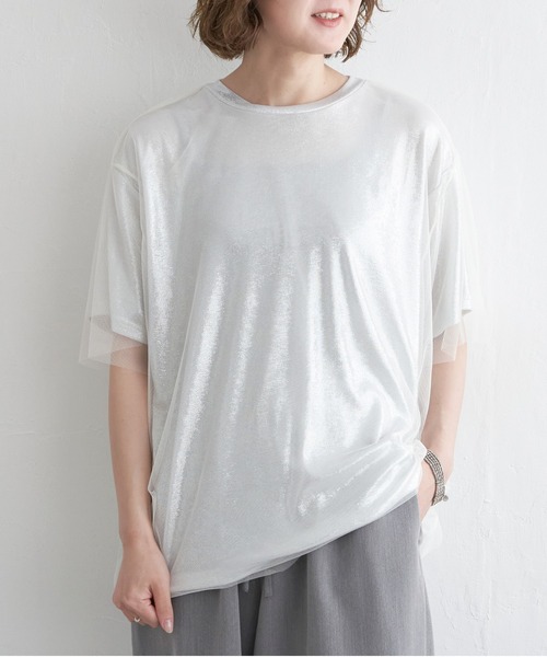notch.(ノッチ)の「チュールドッキングメタリックTシャツ(Tシャツ/カットソー・レディース・オフホワイト/グレー・M)」の1枚目の写真