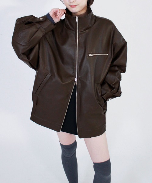 エコレザースタンドカラーブルゾン / 長袖 合皮 ダブルジップ シンプル