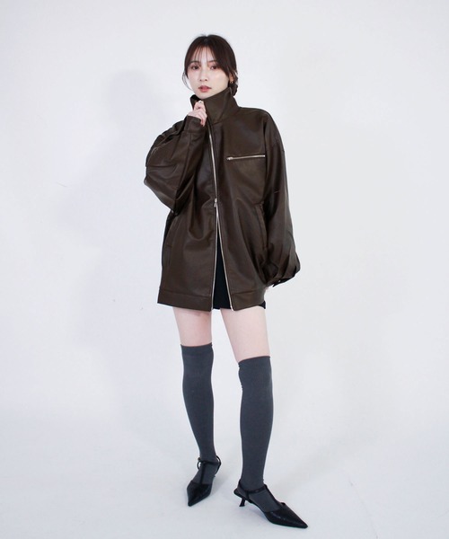 エコレザースタンドカラーブルゾン / 長袖 合皮 ダブルジップ シンプル