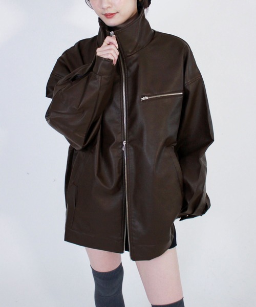 専用画面アメリカーナ　ブラックエコレザーブルゾン エコレザースタンドカラーブルゾン / 長袖 合皮 ダブルジップ シンプル