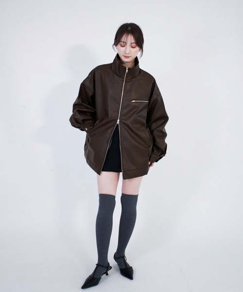 エコレザースタンドカラーブルゾン / 長袖 合皮 ダブルジップ シンプル