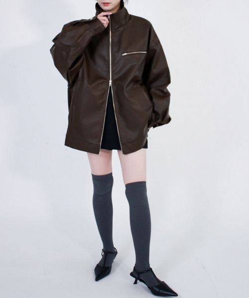 トラノイ　エコレザーブルゾン エコレザースタンドカラーブルゾン / 長袖 合皮 ダブルジップ シンプル