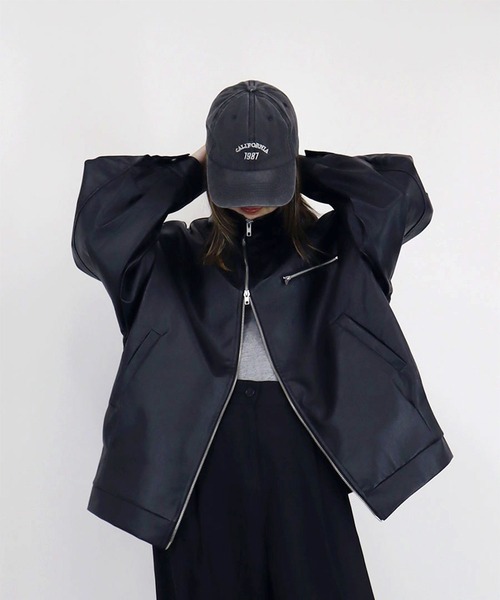 セール】エコレザースタンドカラーブルゾン / 長袖 合皮 ダブルジップ